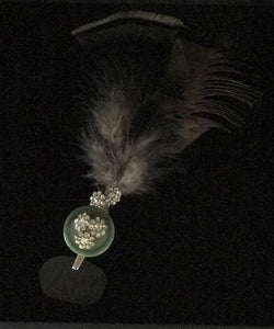 Handmade Vintage Green Button and Feather Hat Clip
