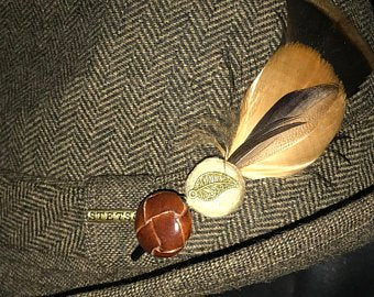 Handmade Feather Hat Clip with Vintage Leather Buttons