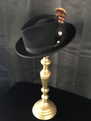 Elegant Handmade Feather Hat Clip with Vintage Velvet & Rhinestone Buttons