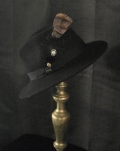 Elegant Handmade Feather Hat Clip with Vintage Velvet & Rhinestone Buttons