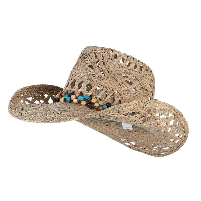 Breathable Curling Brim Cowboy Hat With Beads